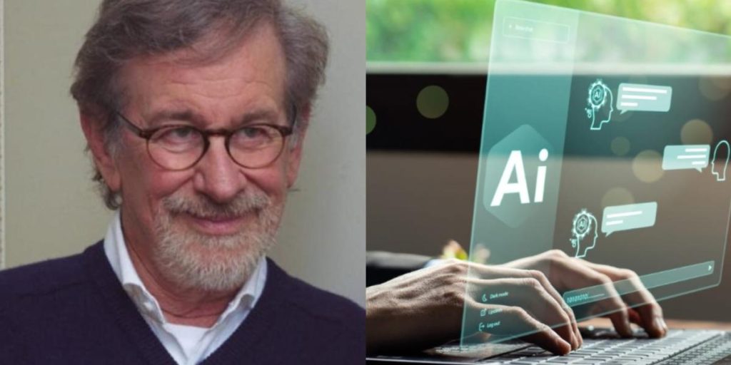 Steven Spielberg junto a una representación gráfica de inteligencia artificial.