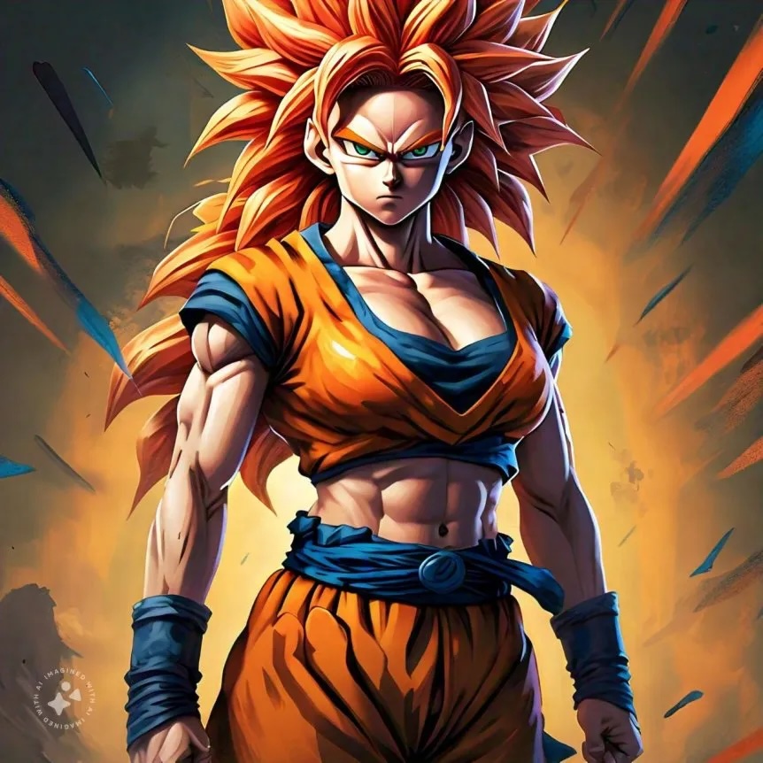 Versión femenina de Goku, llamada «Gokula», creada con inteligencia artificial, mostrando su apariencia poderosa y musculosa.