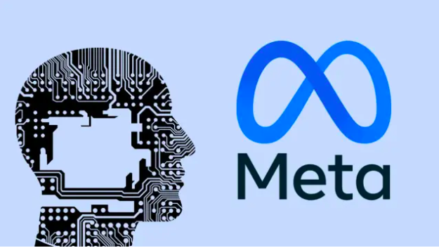 Gráfico de un perfil humano con circuitos electrónicos junto al logo de Meta, representando la inteligencia artificial.