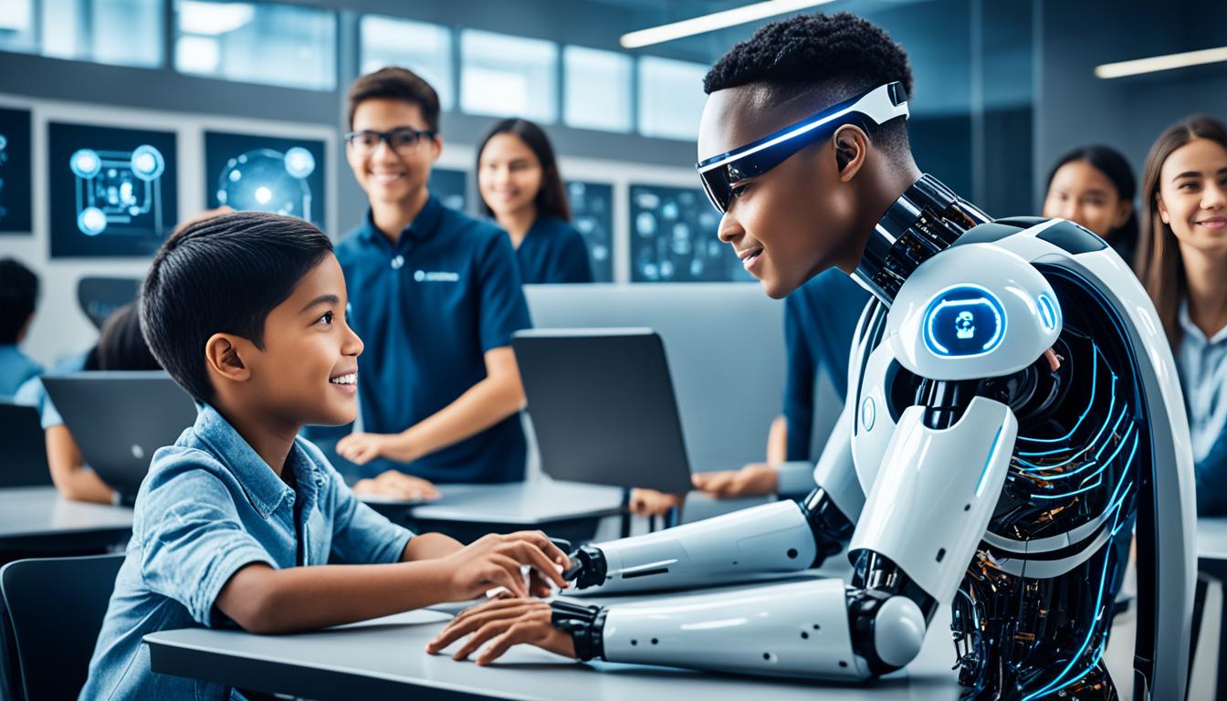 Robot interactuando con estudiantes en un aula de clases