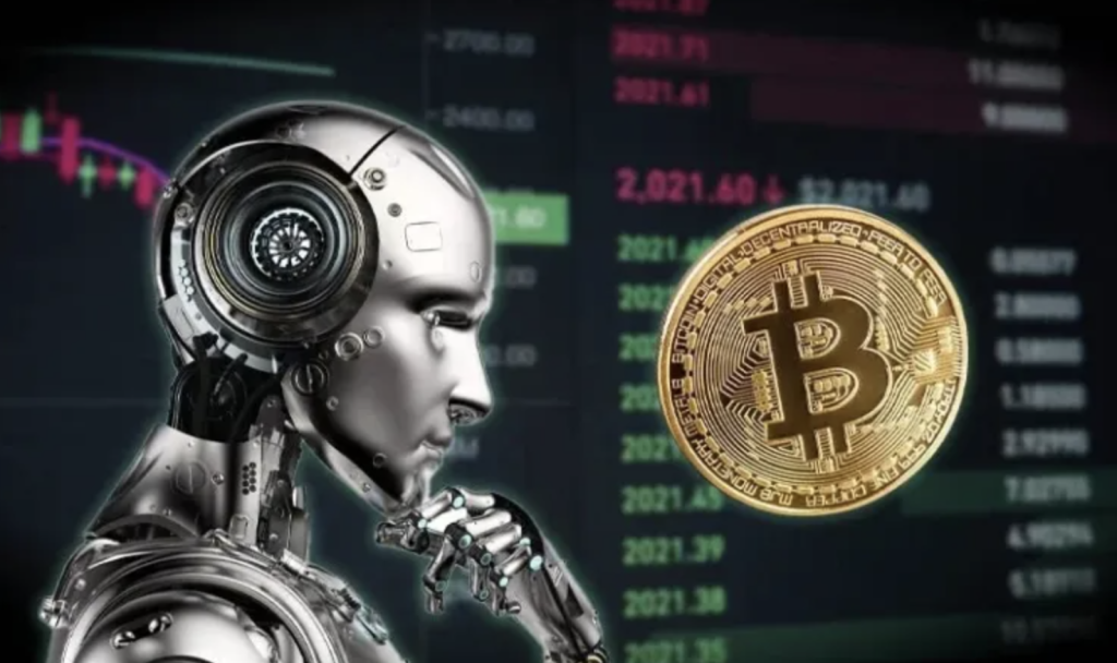 Robot analizando el mercado de criptomonedas con un símbolo de Bitcoin.