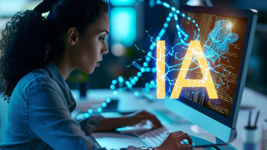 Mujer trabajando en una computadora con gráficos de IA, representando trabajos beneficiados por la inteligencia artificial.