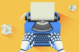 "Manos robóticas escribiendo en una máquina de escribir azul."