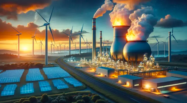 "Planta industrial con turbinas eólicas y paneles solares al atardecer."