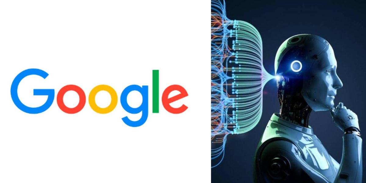 Logotipo de Google junto a un robot con conexiones neuronales digitales