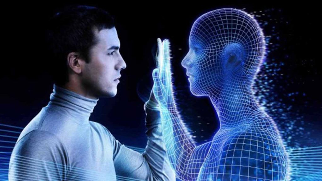 Persona interactuando con una figura digital de un humano, simbolizando los riesgos de la inteligencia artificial.