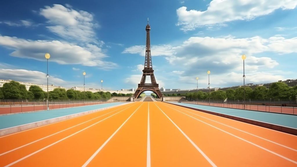 "Pista de atletismo frente a la Torre Eiffel en París."
