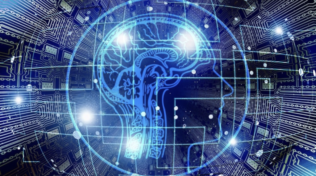 Representación digital de un cerebro humano superpuesto en un fondo de circuitos electrónicos.