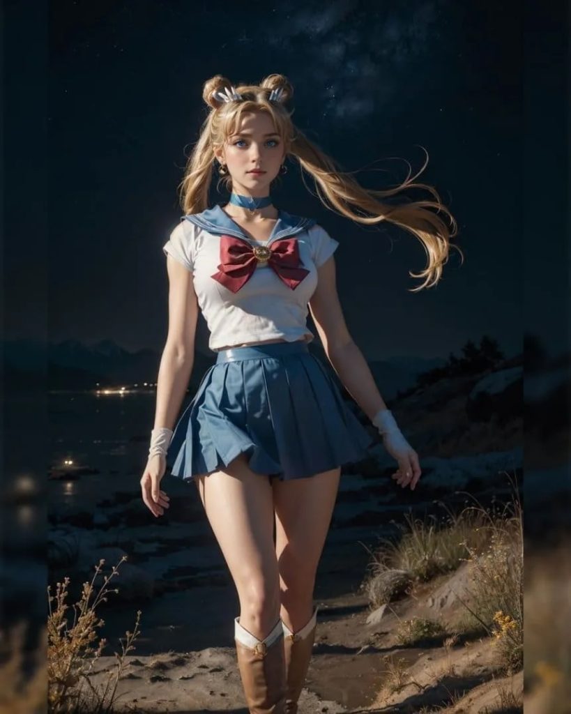 Sailor Moon en un entorno nocturno, generada por inteligencia artificial.