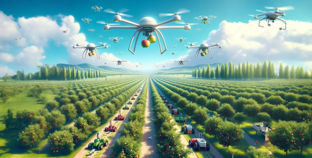 Drones sobrevolando un campo agrícola mientras realizan tareas de recolección y monitoreo, representando el uso de inteligencia artificial en la remediación ambiental.