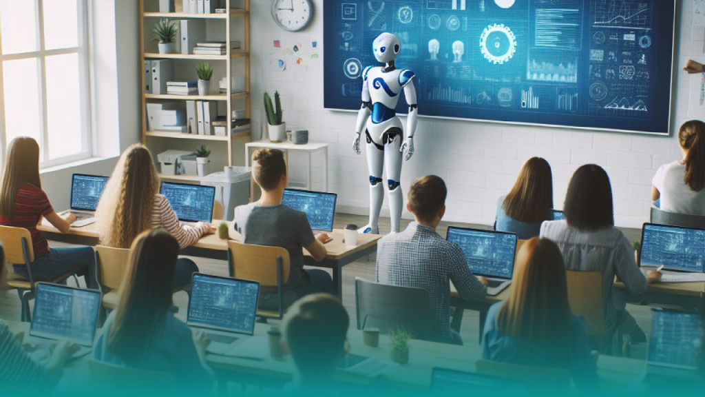 Robot enseñando a estudiantes sobre inteligencia artificial en el aula